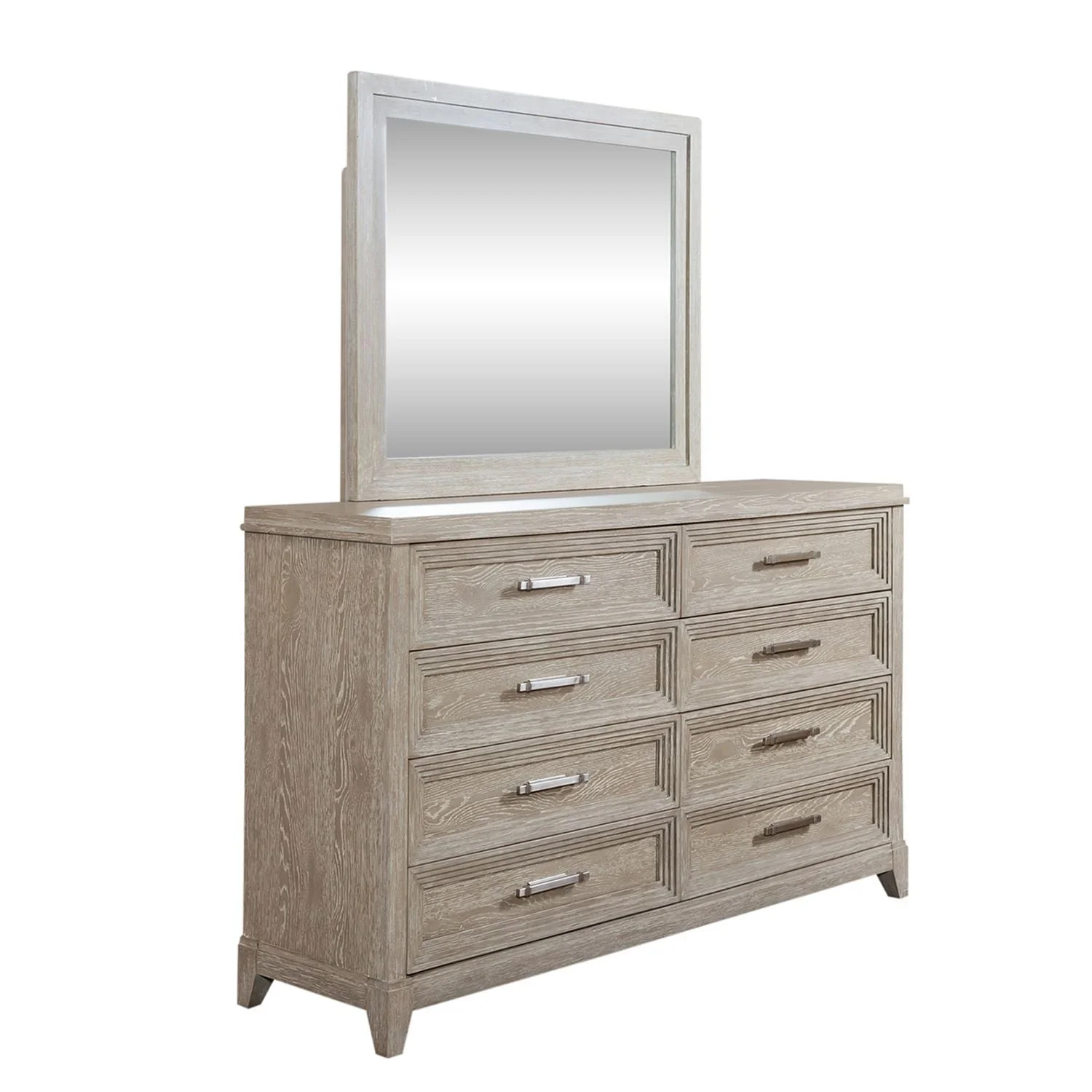 Dresser & Mirror - Washed Taupe — Styles are often simplistic with luxury touches such as stainless steel or velvets