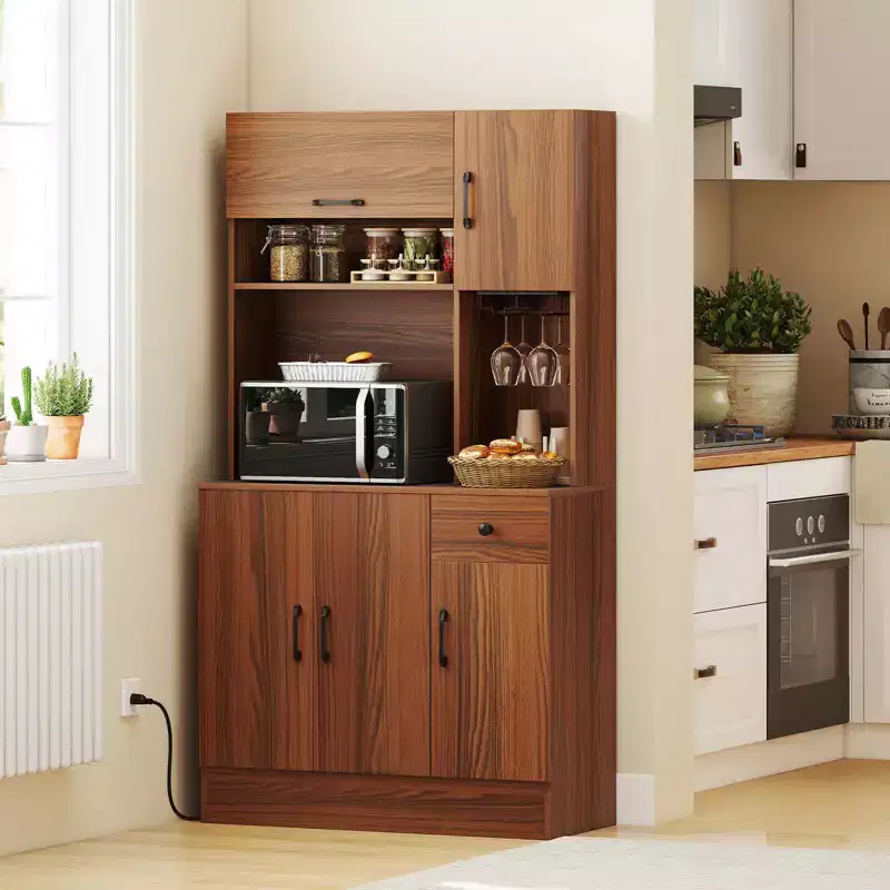Costway 66 Pantry Cabinet Tall Kitchen Storage Cabinet with Charging Station Brown