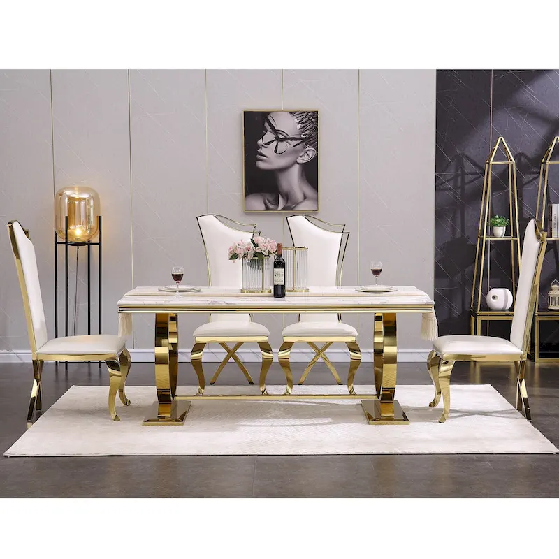 Modern Dining Room Table with Stainless Steel Metal U-Base