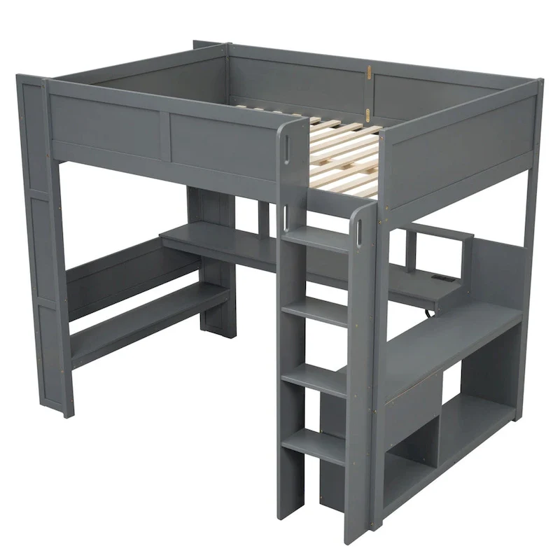 Full Size Loft Bed w/Desk,Multi-storage Shelves,LED,Charging Station