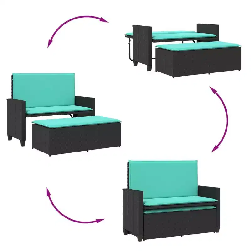 vidaXL Patio Bench with Cushions and Footstool Brown Poly Rattan