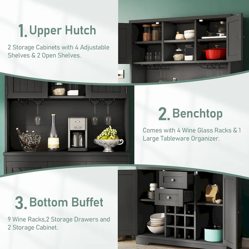 Coffee Bar Cabinet with Drawers, Freestanding Kitchen Pantry with Shelves and Cabinets, Buffet Cabinet with Glass Racks