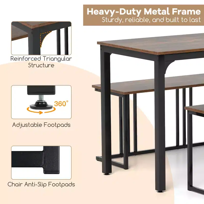 Costway 4-Piece Dining Table Set Industrial Kitchen Table Set w/ Bench & 2 Stools