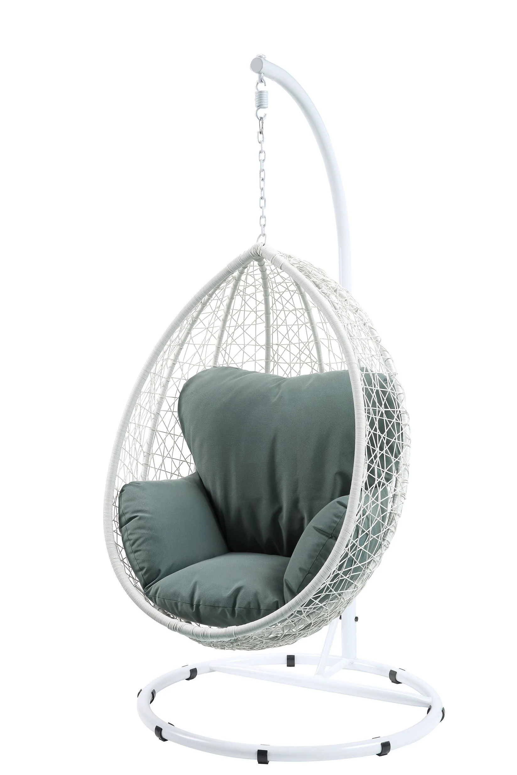 Outdoor Hanging Chair with Green Fabric Cushion and White Wicker Frame