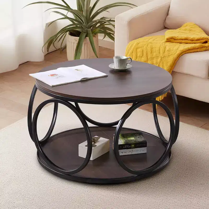 Bekrvio 31.5 2 Tier Industrial Round Coffee Table, Modern Round Wood Coffee Table with Sturdy Circle Metal Frame for Living Room, Walnut