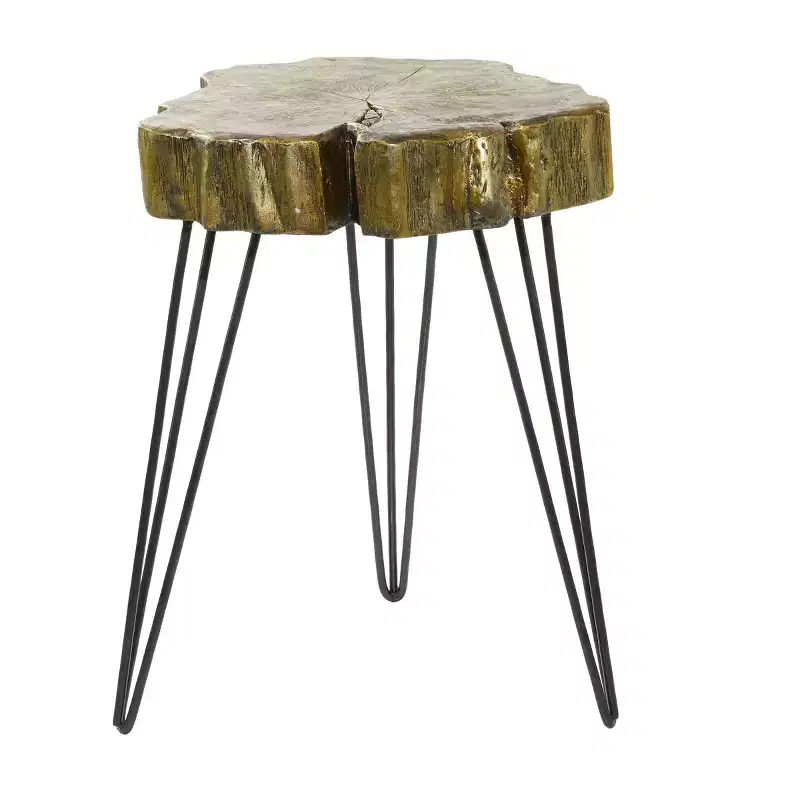 Modern Round Polystone & Metal Accent Table - Gold & Black