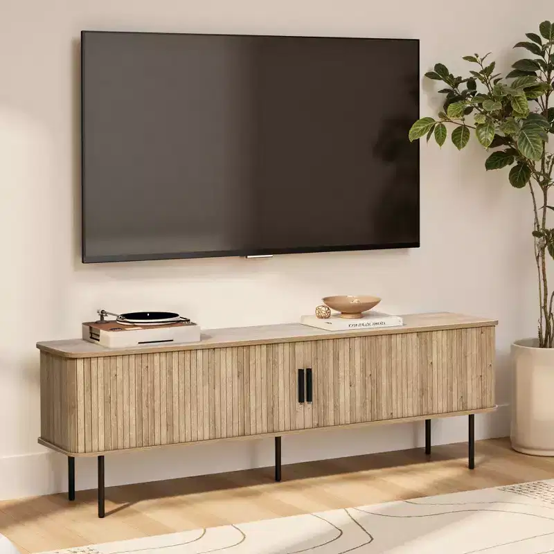 62.6 Modern TV Stand with Storage for TVs Up to 65 Inch, Oak Entertainment Console with Sliding Doors Brown