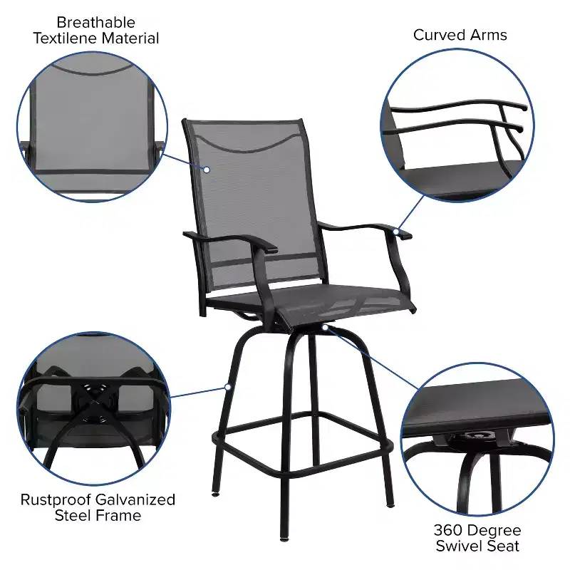 Flash Furniture Valerie Patio Bar Height Stools Set of 2, All-Weather Textilene Swivel Patio Stools and Deck Chairs with High Back & Armrests
