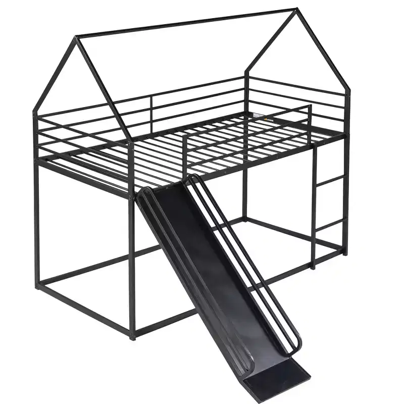 Twin over Twin Metal House Bunk Bed with Convertible Slide and Ladder