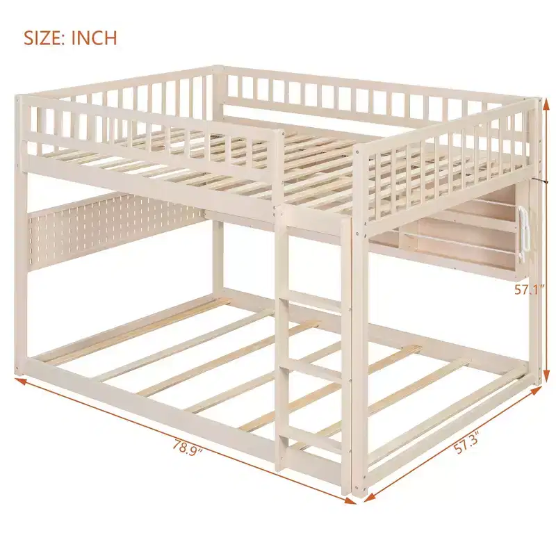 Full Over Full Modern Low Bunk Bed with Storage Lighted Shelves and Pegboard