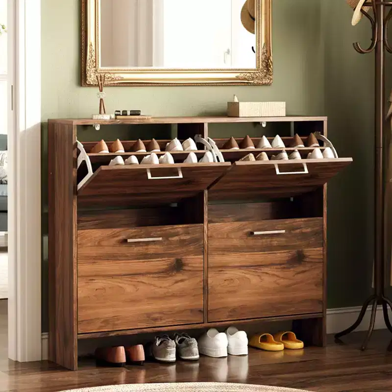 Karl Home 42 W 4-Flip Drawer Flat Top Shoe Cabinet with Silver Metal Handles