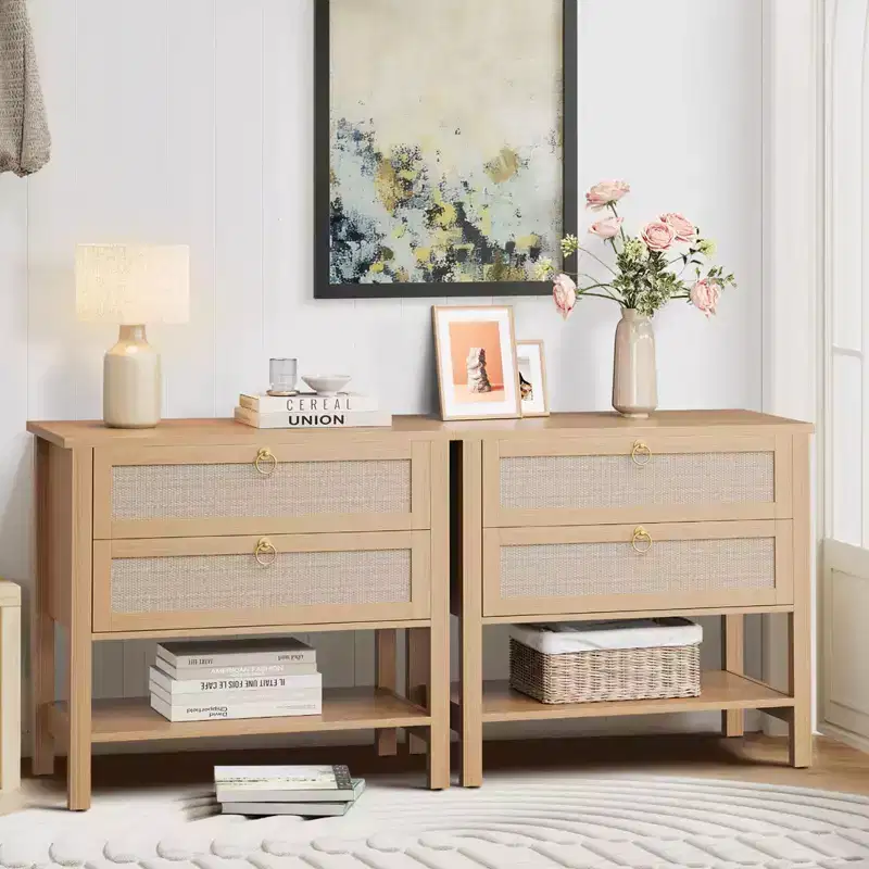 Rattan Nightstand with 2 Drawers and Storage Shelf, Modern Farmhouse Nightstand, Side Tables for Living Room, Bedroom
