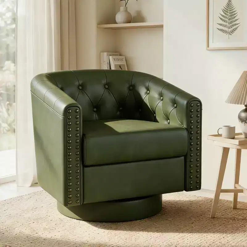 Swivel Barrel Accent Chair, Modern Nailhead Armchair, 360° Comfy Reading Chair for Living Room & Bedroom