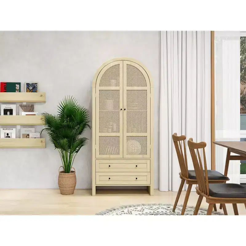 Okak Arched Kitchen Pantry Cabinet, Tall Cabinet with 2 Drawer & Rattan Door, Versatile Cupboard for Living Room Dining Room, Natural
