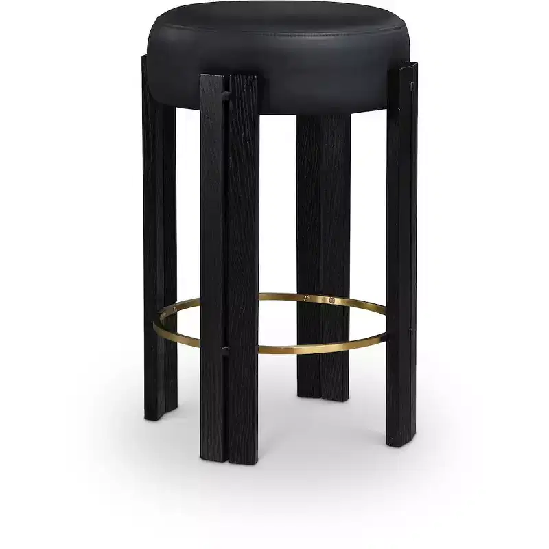 Black Vegan Leather Counter Stool with Brushed Brass Footrest