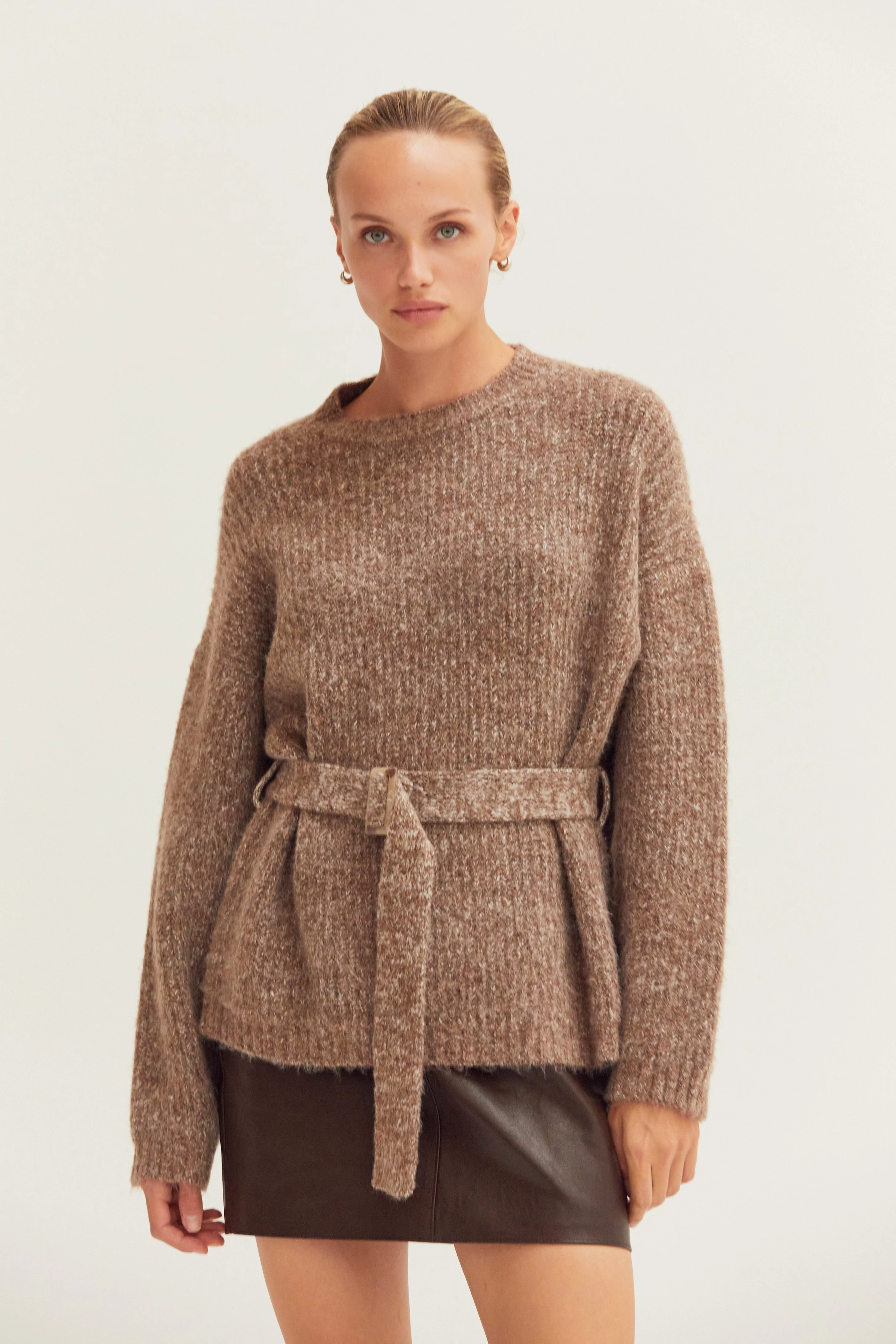 Belted Tunic Sweater with Drop Shoulders and Adjustable Waist Belt