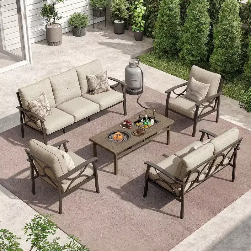 HeynemoOutdoor Patio Furniture Set, 5 Piece Patio Conversation Set with Fire Table and Ottomans, Metal Furniture Set for Porch Backyard Garden