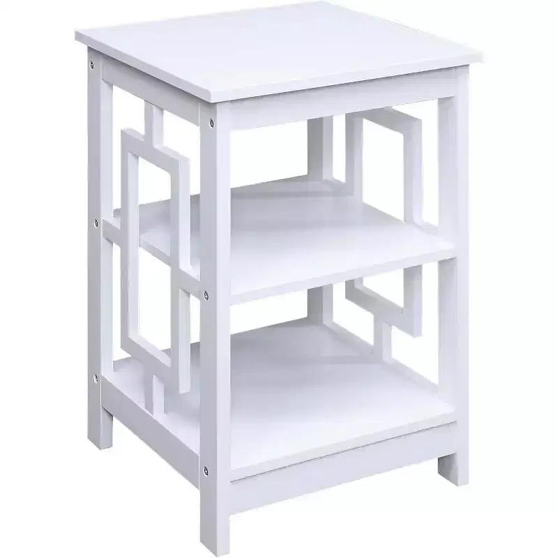 Square End Table with Large Surface and Two Open Shelves, Symmetrical Frame Design, MDF Accent Side Table