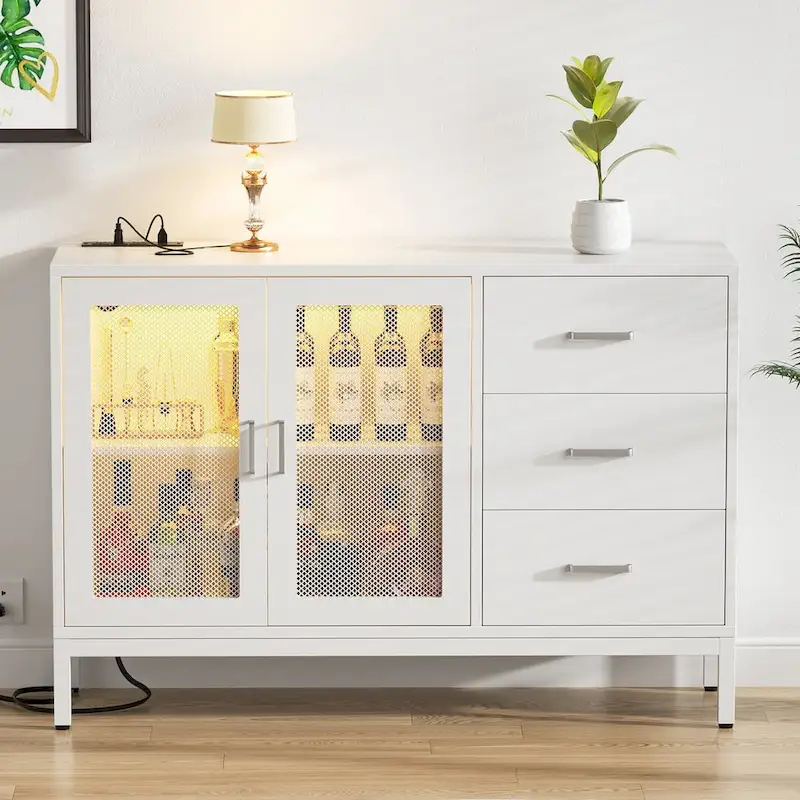45 W Accent Cabinet with Drawers and Charge Station, Storage Sideboard with LED Light