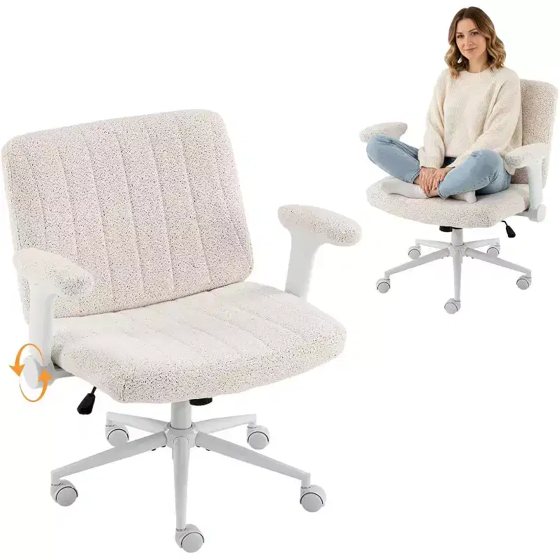 VINGLI Criss Cross Chair with Adjustable Flip-Up Arms,Cross Legged Chair with Wheels,Extra Wide Office Chair,Desk Chair for Home Office,Vanity