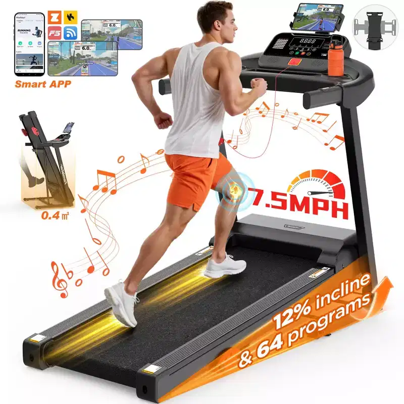 Folding Treadmill for Home with 3.0HP Motor, 300LB Capacity, 3-Level Incline, 7.5MPH Speed, 64 Programs, APP Control, Bluetooth, Free Knee Strap