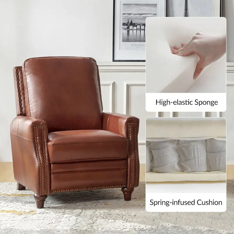 Cigar Mid-century Modern Genuine Leather Recliner with Nailhead Trim Set of 2 by HULALA HOME