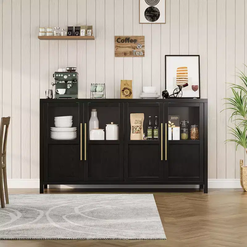 55 Large Buffet Sideboard Cabinet with 4 Glass Doors and Shelves, Modern Farmhouse Storage Cabinet Table for Kitchen Dining Room Living Room Hallway