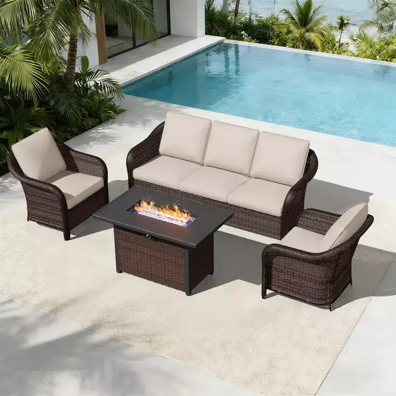 UPTIOT All-Weather Outdoor Lounge Set with Fire Pit - 1 Sofa, 2 Chairs & Fire Table
