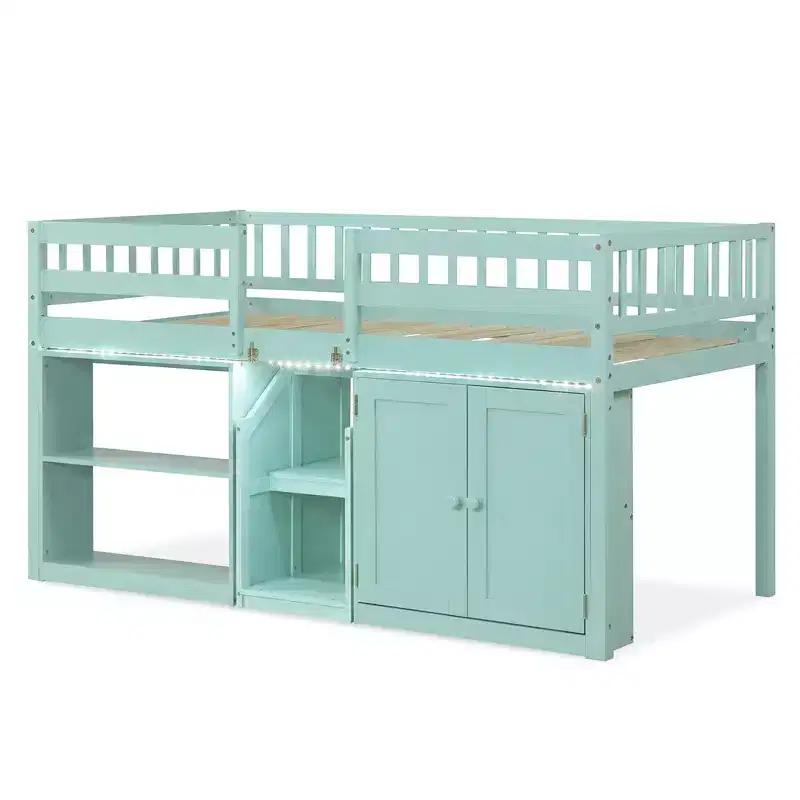 Twin Low Loft Bed with LED Light, Stairs & Guardrails, Modern Pine Wood Kids Bed, White/Mint/Gray