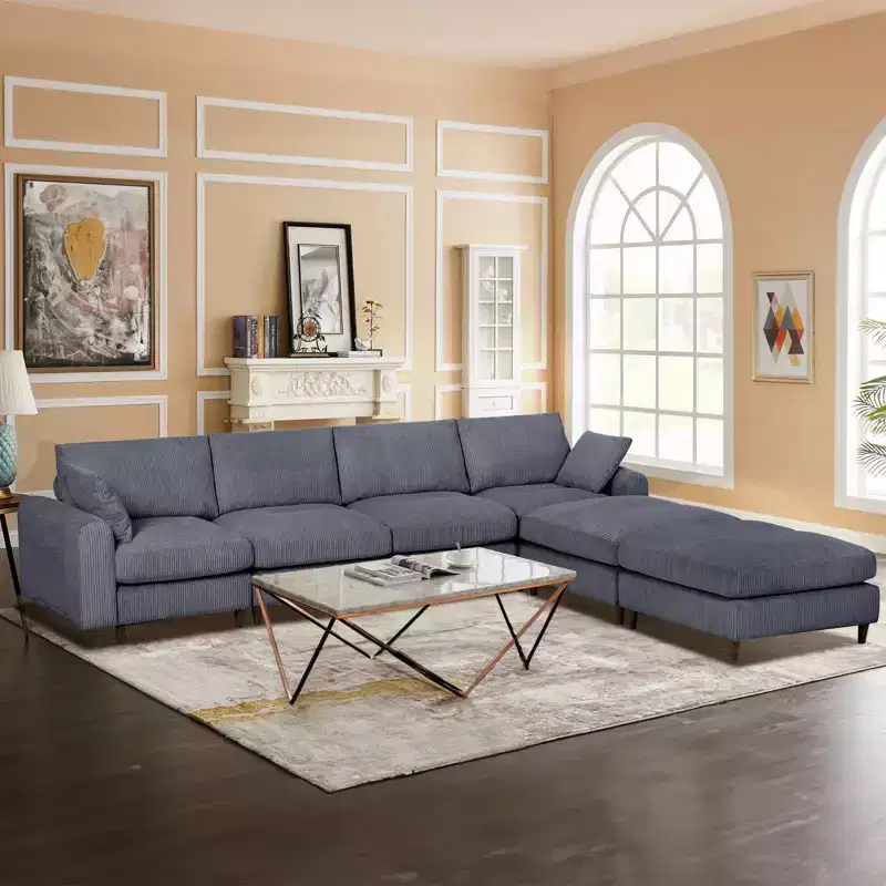 6-Seat Modern Corduroy Modular Sectional Sofa U-Shaped Convertible L-Shaped Design with Ottoman and Pillows for Living Room Office Gray