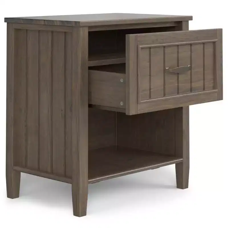 Bedside Table, Smoky Brown - Transitional Style, Pine & Plywood Frame