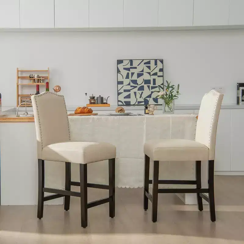 Costway Set of 2 Upholstered Bar stools 25'' Counter Height Chairs with Rubber Wood Legs Grey/Beige