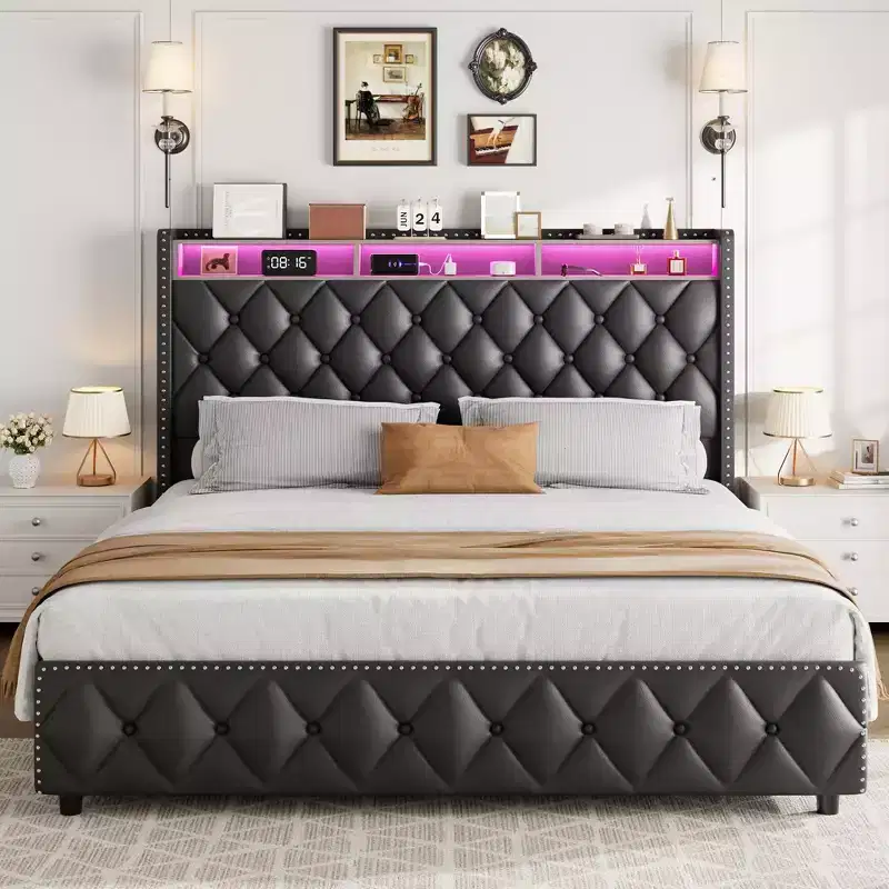 Soft Upholstered Platform Bed Frame with 4 Storage Drawers - Tall Headboard - Noise-Free - Easy Assembly - No Box Early Season Needed