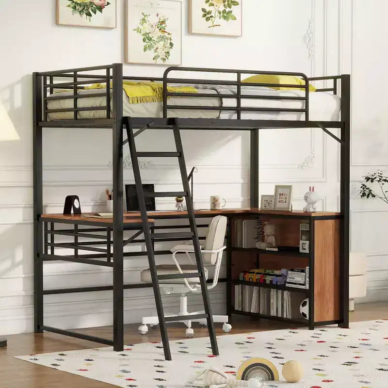 Twin/Full Size Metal Loft Bed with 3 Layers of Shelves and L-Shaped Desk - ModernLuxe