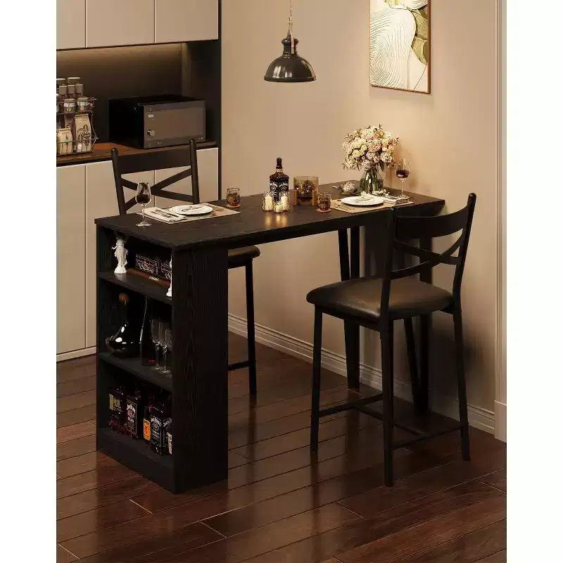 3 Piece Bar Table Set for 2, Bar Table and Chairs Set with with Flip Top Extension, Dining Table Set with Storage Shelves