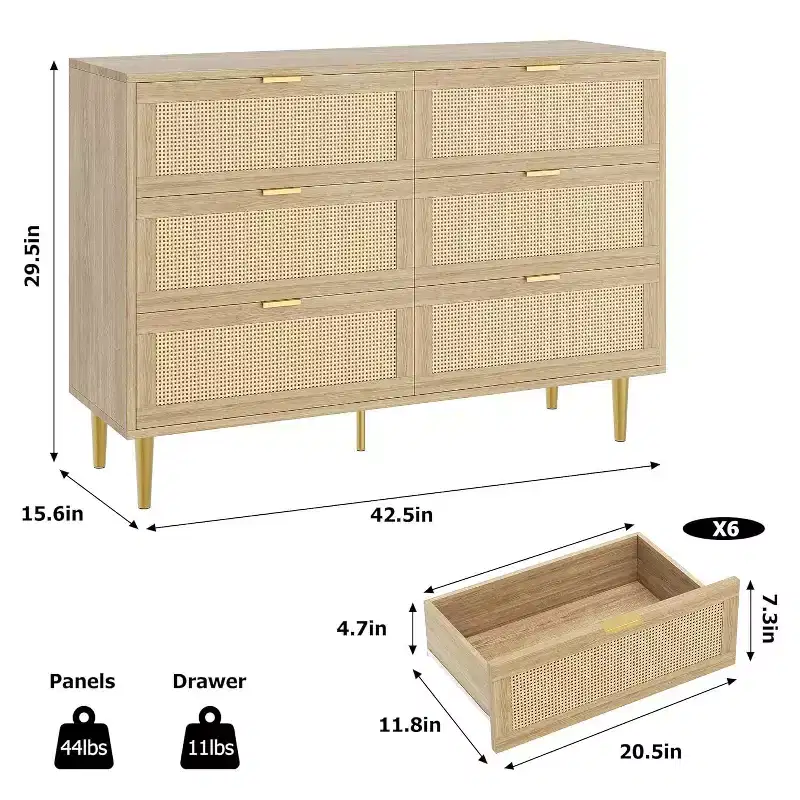 Rattan 6-Drawer Dresser - 42.5 Boho Chest w/ Gold Legs & Anti-Tip, Natural Finish for Bedroom & Living Room