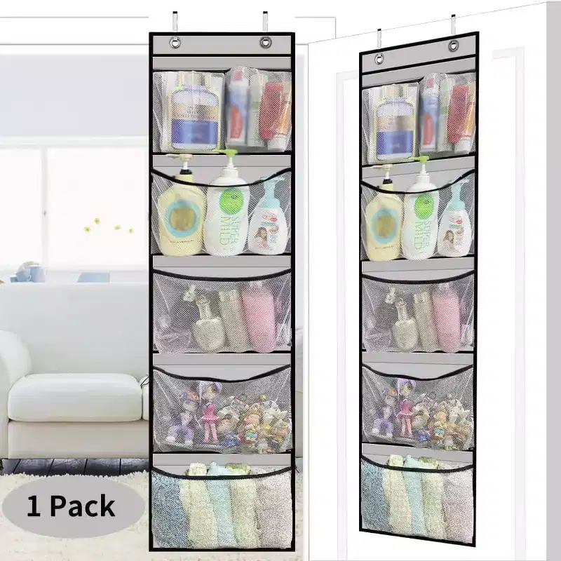 Non-Woven Fabric Hanging Storage Bag, 5-Grid Wall-Mounted Organizer, Gray, for Closet Bedroom Door