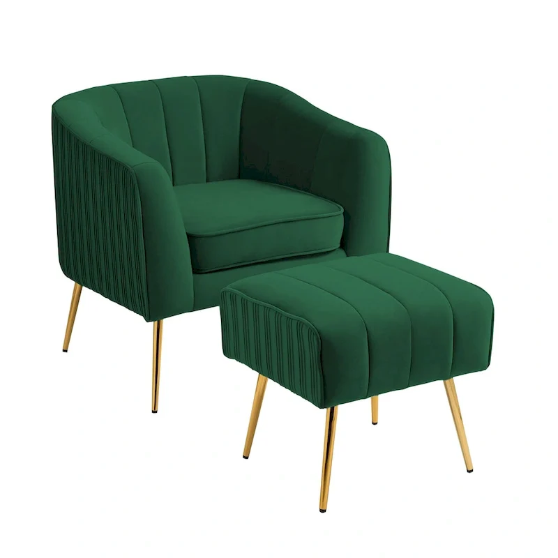 Modern Velvet Barrel Arm Accent Chair with Ottoman