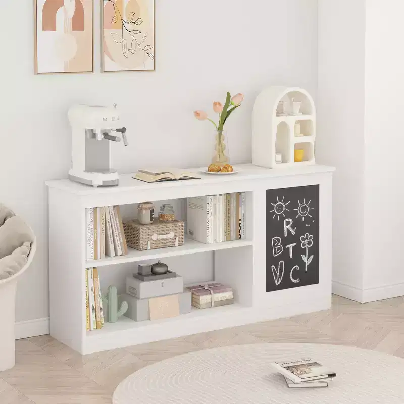 Whisen 3-in-1 Kids Bookshelf and Toy Storage Cabinet with Chalkboard, Dual Open Shelves - White