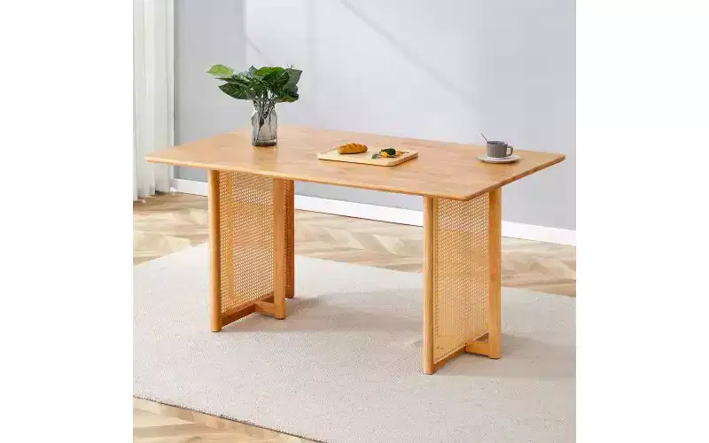 Solid Wood Dining Table for 4 with Imitation Vine Texture & Anti-Slip Feet, Brown