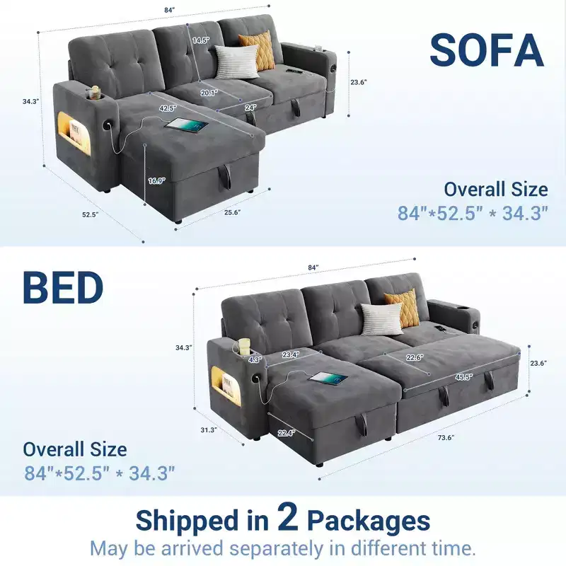 84 Velvet L-Shaped Sleeper Sofa Bed - Convertible Pull Out Sectional Couch with Storage, Charging Station & LED Lights for Living Room
