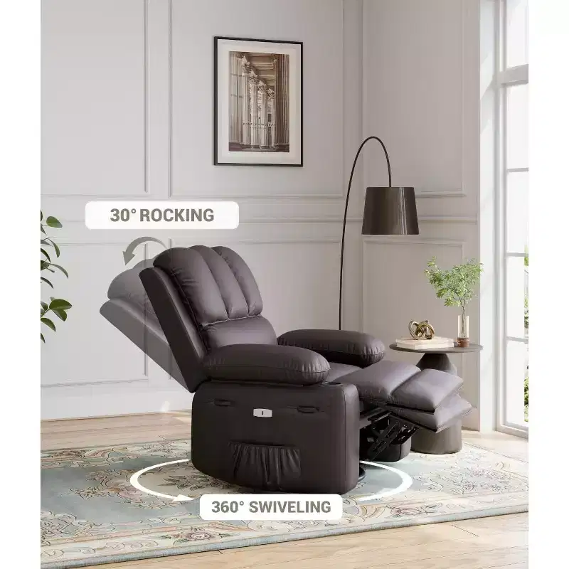 GustoWave Oversized Manual Swivel Rocker Recliner Chair w/Heat & Massage, Faux Leather Padded Swivel Lazy Boy Reclining Sofa for Adults