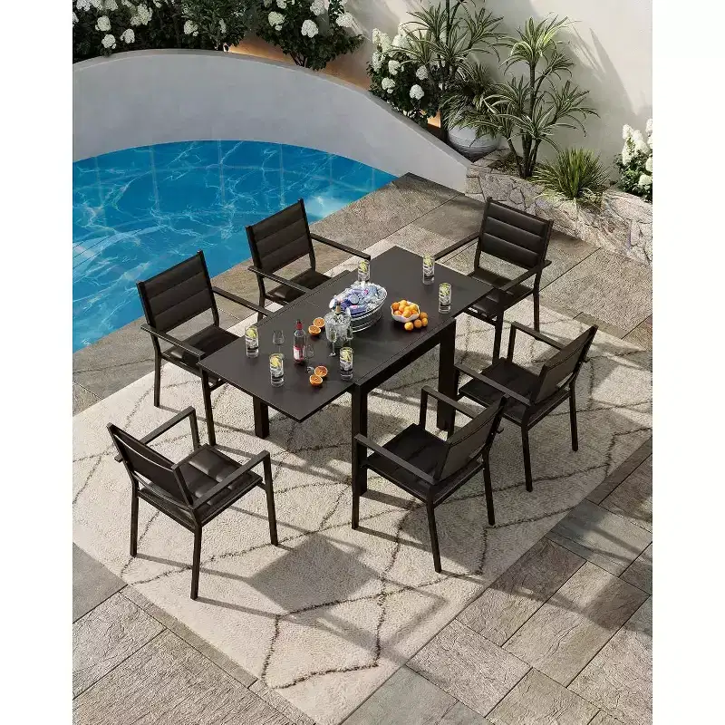 Extendable Outdoor Dining Table Set for 4-6 People, Adjustable 31.5 to 63 Inch Rectangular Patio Table with Woodgrain Top, Durable Aluminum Frame