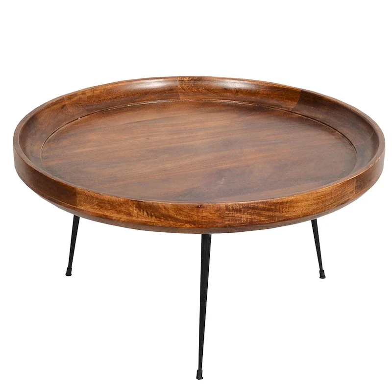 Round Mango Wood Coffee Table with Splayed Metal Legs, Brown and Black