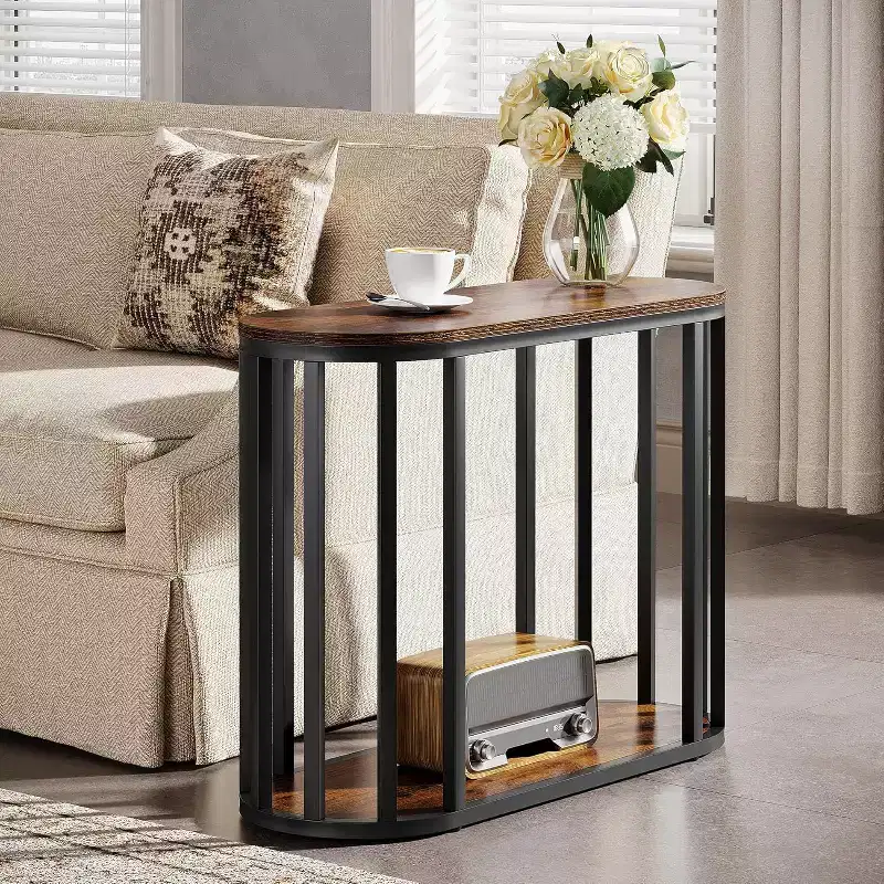 Lantine 2-Tier Narrow End Table with Storage, Industrial Side Table with Black Metal Frames for Living Room, Brown
