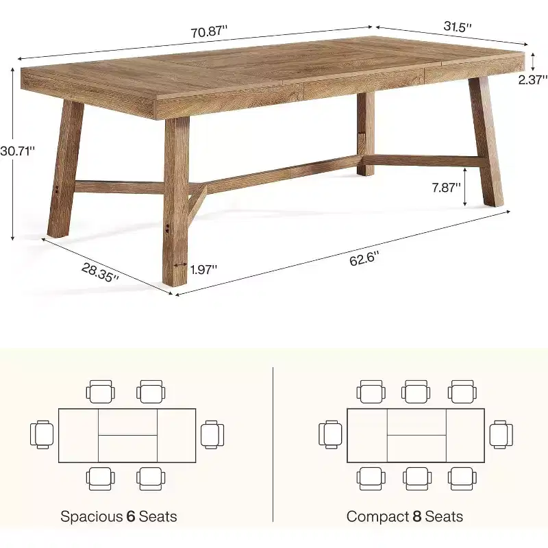 Lantine 70.9-Inch Farmhouse Dining Table for 6-8, Large Rectangle Kitchen Table with Reinforced Legs for Kitchen, Dining and Living Room, Natural
