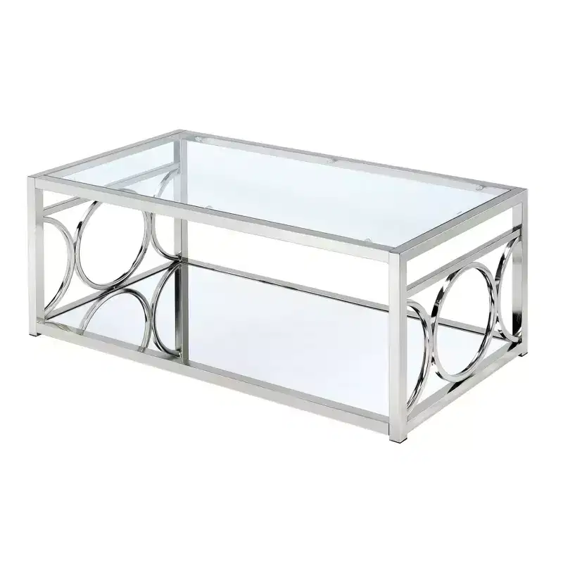 HOMES: Inside + Out Nora Coffee Table Chrome: Contemporary Silver Metal Frame, Clear Tempered Glass, Storage Shelf, 4-Point Base