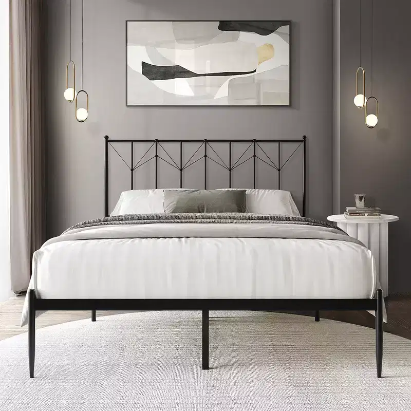 Metal Platform Bed with Ball Finial Headboard - No Box Spring Needed, Rust-Resistant