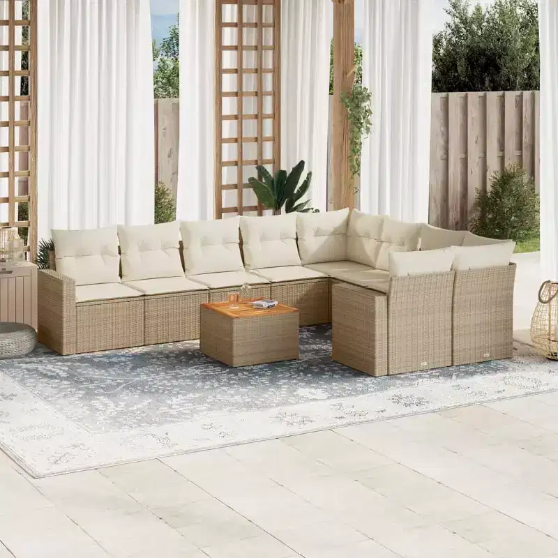 vidaXL 10 Piece Patio Sofa Set with Cushions Beige Poly Rattan - Beige 5x Middle + Table + 2x Corner