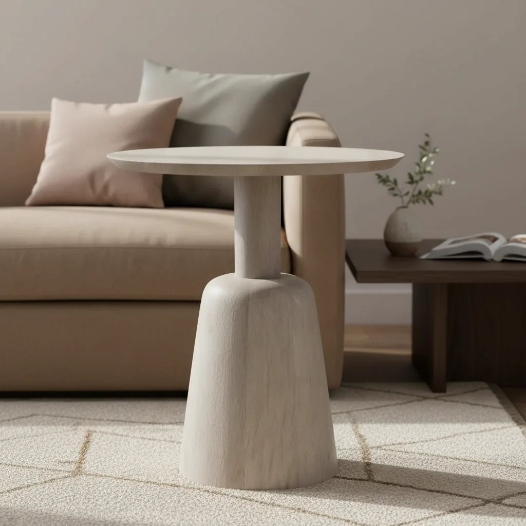 SOLID MANGO WOOD 18 inch Wide Round Contemporary Side Table in White Wash, Fully Assembled